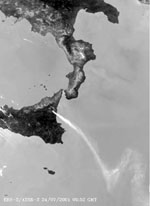 Satellite photograph showing an ash plume from the August 2001 eruption of Mt Etna, Sicily.